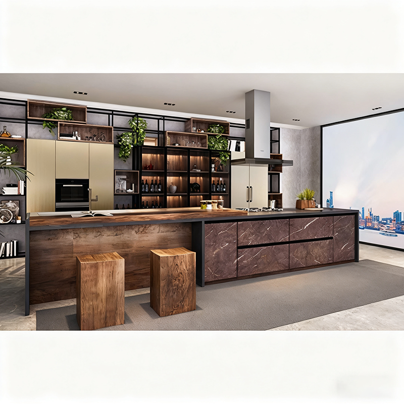 Custom L-Shape Wooden Kitchen Cabinet Set for Hotel Projects with Veneer Finish & Hanging Cabinet Island