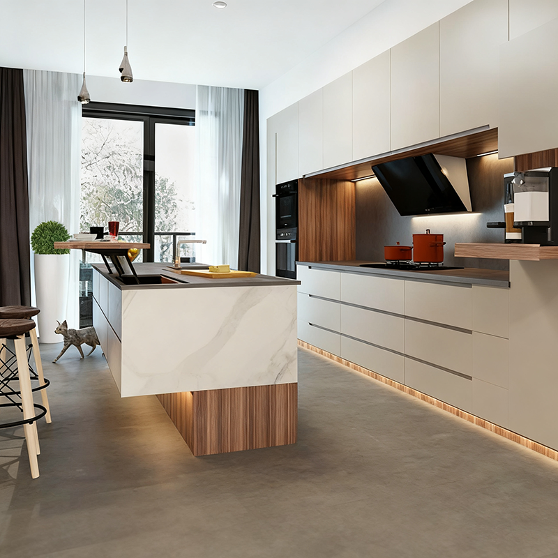 Custom L-Shape Wooden Kitchen Cabinet Set for Hotel Projects with Veneer Finish & Hanging Cabinet Island