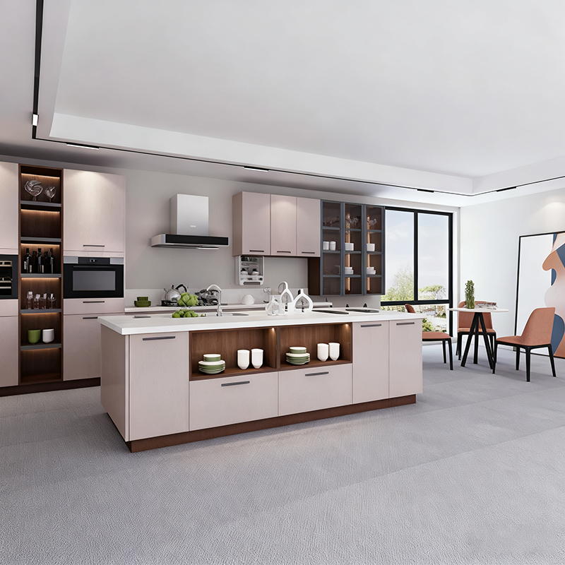 Custom L-Shape Wooden Kitchen Cabinet Set for Hotel Projects with Veneer Finish & Hanging Cabinet Island