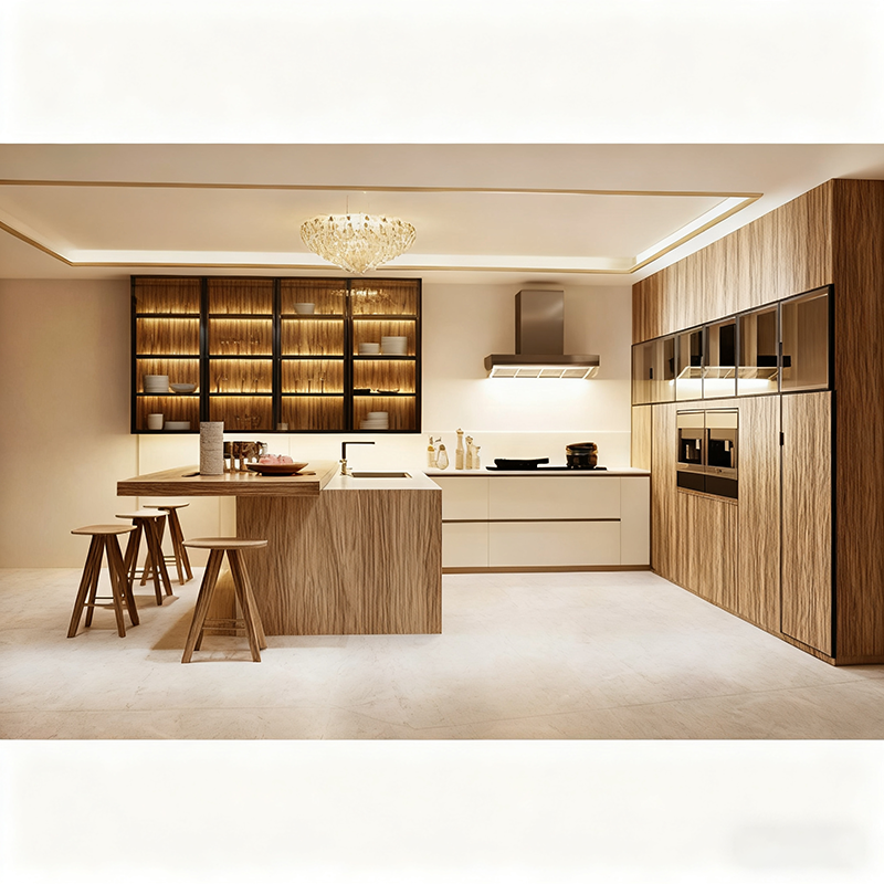 Custom L-Shape Wooden Kitchen Cabinet Set for Hotel Projects with Veneer Finish & Hanging Cabinet Island
