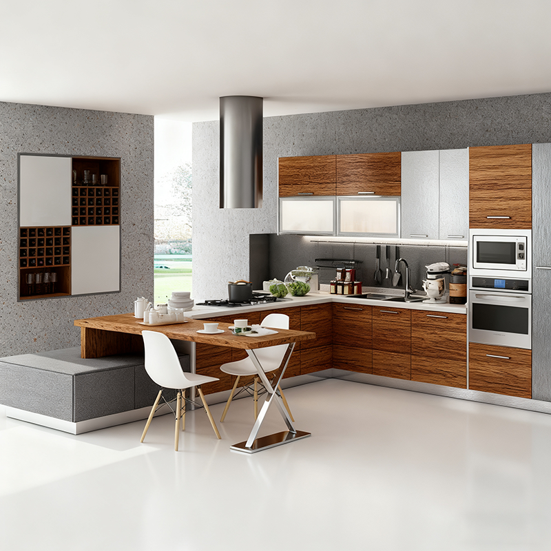Elegant European L-Shaped Modular Kitchen Cabinet Set with Wall-Mounted Units & Small Island