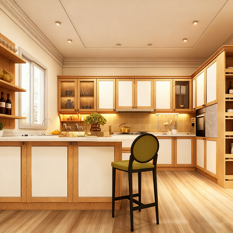 Custom White Slim Shaker Kitchen Cabinets with Island | Plywood & Melamine Modern Cabinet Set