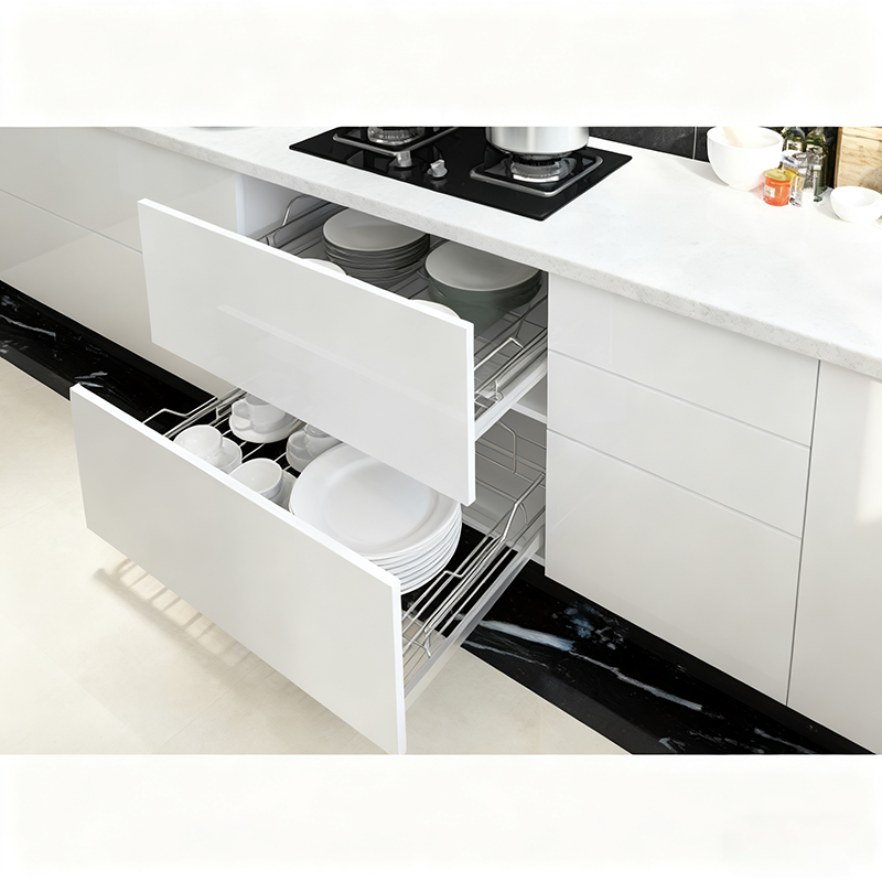 Custom White Slim Shaker Kitchen Cabinets with Island | Plywood & Melamine Modern Cabinet Set